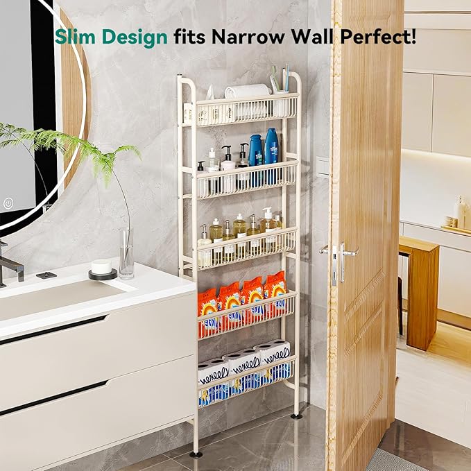 NECHEGE Slim Shelf Behind Door Storage Rack, 5-Tier Multi-Purpose Space-Saving Organizer for Bathroom, Kitchen, Living Room-Sturdy Metal Bookshelf for Narrow Spaces