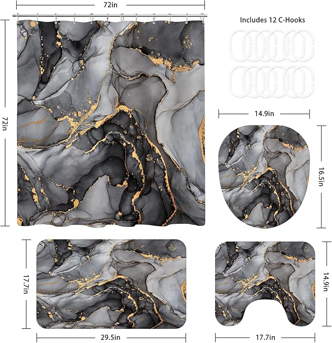 4PCS Black Grey Marble Bathroom Sets with Shower Curtain and Rugs, Abstract Shower Curtain Sets with Rugs, Modern Bathroom Curtains Shower Set Accessories with Toilet Lid Cover