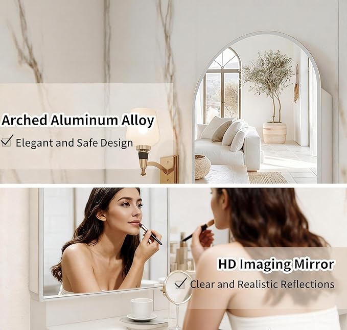FKWin 20 x 32 Inch Arched Bathroom Medicine Cabinet with Mirror, Silver Surface Mount Wall Bathroom Cabinet, Vanity Mirror with Storage,Bathroom Medicine Cabinet with Adjustable Glass Shelf