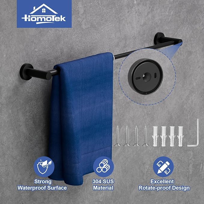 2 Pack Adjustable Towel Bar, HOMOTEK Economical Bathroom Towel Holders, Towel Rod Size from 12 Inch to 22 Inch Single Towel Racks, Wall Mount Towel Rail, Hanger Towel Hook for Kitchen(Matte Black)