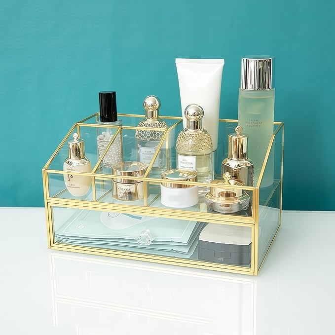 JIARI Glass Makeup Organizer with Drawer, Gold Brass Frame Jewelry Display Box, Nordic Style Cosmetic Storage for Vanity Bathroom Bedroom Office, 9.44x5.43x4.92 Inches (Storage Box-2 Tier)