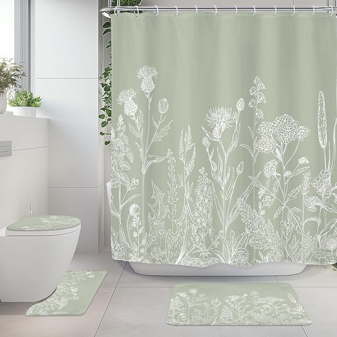 Riyidecor Sage Green Floral Wildflower 4Pcs Bathroom Shower Curtain Sets Vintage Botanical Leaves Bathroom Decor Set with Rugs and Accessories Rustic Toilet Lid Rug, Contour and Bath Mat with 12 Hooks