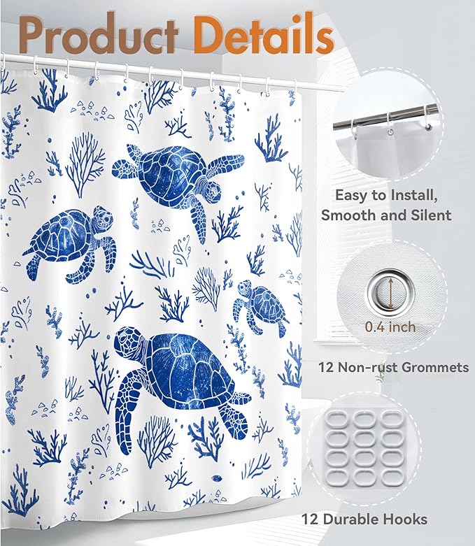 MAMUSE Shower Curtain for Bathroom - Cute Aesthetic Decorative Modern Girly Unique Girls Design Pretty Women Waterproof Fabric Cloth Cortinas de Baño Bathtub 72 x 72 Inch, Save Turtle