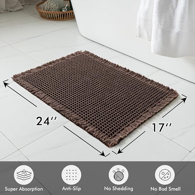 MIULEE Set of 2 Waffle Bathroom Rugs, Boho Bath Rugs Non Slip Washable, Super Absorbent Bath Mats, Ultra Soft Rubber Backed Shower Mats for Bathroom Floor, Tub and Shower, Chocolate, 17x24 Inch