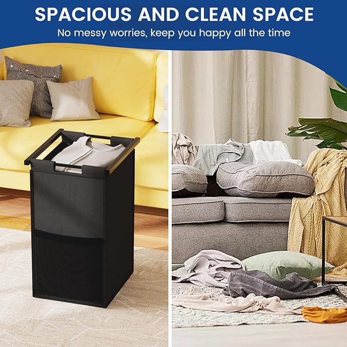 Huhote Double Compartment Laundry Basket, Laundry Sorter with Top Shelf, 2 Removable Washable Bags, Side Pockets, Black & White