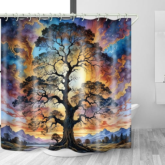 Shower Curtains Life Tree Theme, Colorful Bright Sky Brings A Unique Artistic Atmosphere to The Bathroom, 72x79 Inch Fabric Shower Curtain with 12 Hooks.