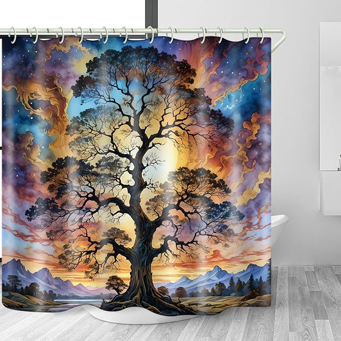 Shower Curtains Life Tree Theme, Colorful Bright Sky Brings A Unique Artistic Atmosphere to The Bathroom, 72x72 Inch Fabric Shower Curtain with 12 Hooks.