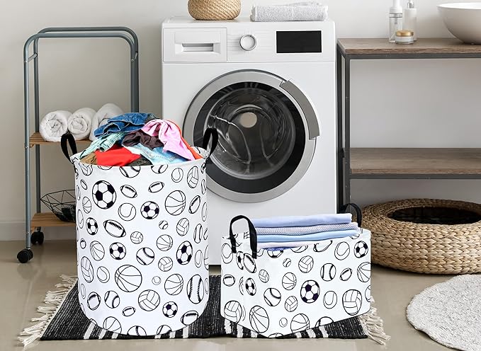 KUNRO Round Laundry Gift Basket Storage Hamper, Clothes Storage Organizer Bins, Shelf Basket with Handles for Room Decor (Sports ball)