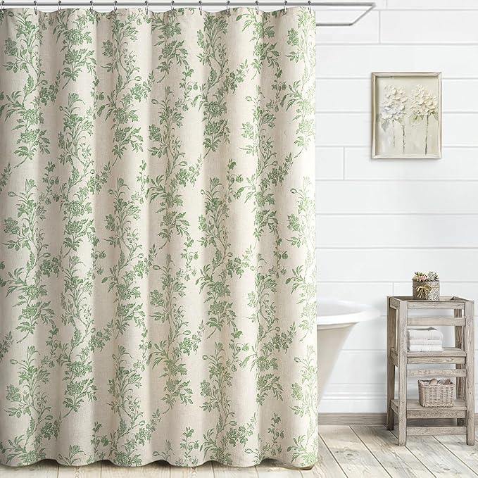 Sage Green Floral Shower Curtain,Vintage Linen Beige Cottagecore Shower Curtains for Bathroom, 60" W x 72" L