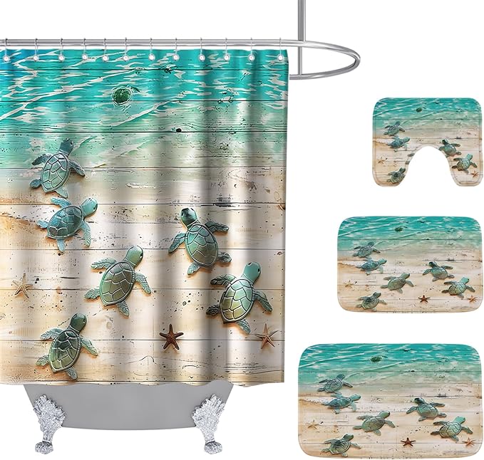 Beach Sea Turtle Nautical Bathroom Sets with Ocean Coastal Shower Curtain and 20 x 31 Rugs Bathroom Accessories Sets Decor with Bath Rug, Bath Mat, U-Shaped Contour and Hooks 72 x 72 Inch Green