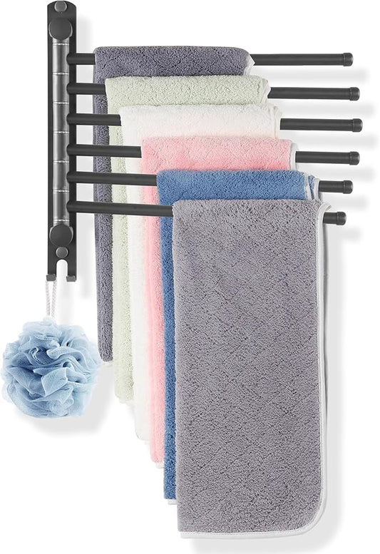 Swivel Towel Rack, 12.6 Inch Towel Bar with Wall Mounted 180° Rotation, 6 Arms Towel Hanger SUS 304 Stainless Steel, Space Saving for Kitchen, Bathroom, Outdoor, Dark Grey