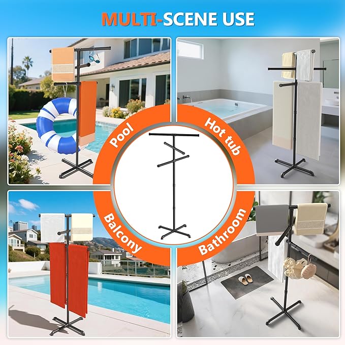 Hjarta Outdoor Towel Rack for Pool, 59 Inch Pool Towel Holder with 6 Bars, Poolside Towel Racks for Outdoor, Towel Drying Rack for Pool Area Outside, Bathroom, Spa, Hot Tub