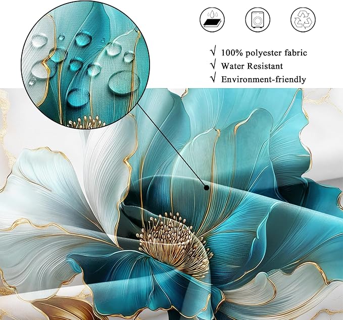 Riyidecor Teal Gold Marble Floral Shower Curtain for Bathroom Decor 72Wx84H Extra Long Abstract Modern Fashion Flower Luxury Modern Art Printed Fabric Polyester Waterproof 12 Pack Plastic Hooks