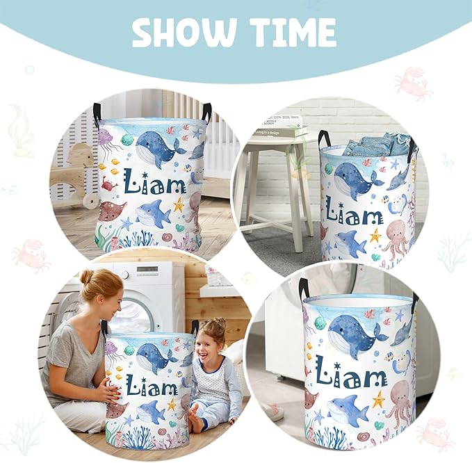 Personalized Laundry Hamper, Ocean Themed Laundry Baskets with Custom Name, Collapsible Hamper for Kids Adults Home Decoration,16.5 X 13.8in