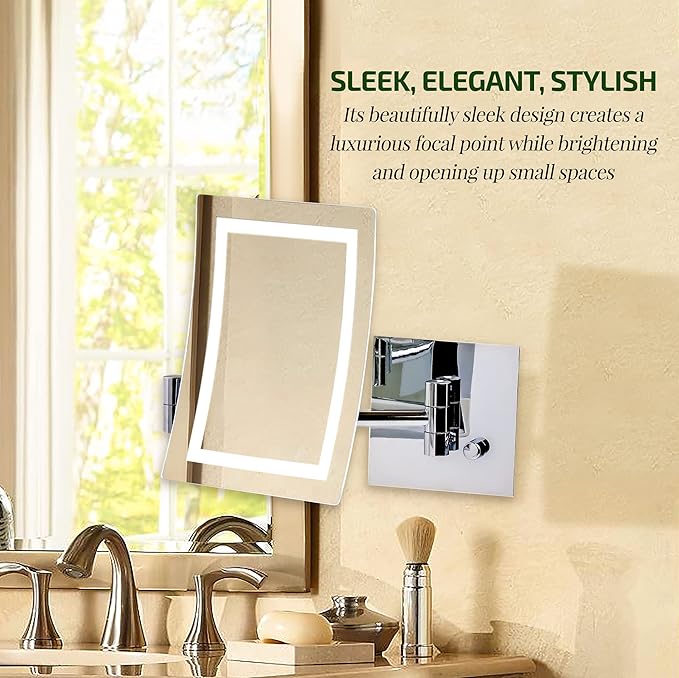 OVENTE Wall Mounted Rectangular Lighted Makeup Mirror with 7X Magnification, AC Adapter, 7'' Bathroom Vanity Mirror, Dimmable White LED Lights, 17" Extendable Folding Arm, Polished Chrome MSWA6387CH7X