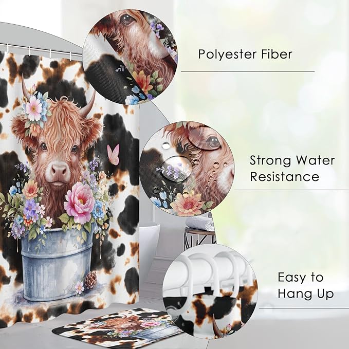 Pamnest 4 Pcs Shower Curtain Sets, Highland Cow Calf Retro Waterproof Bathroom Sets with Non-Slip Rugs, Toilet Lid Cover and Bath Mat, 12 Hooks, Accessories Modern Home Bathroom Decor 72" X 72"