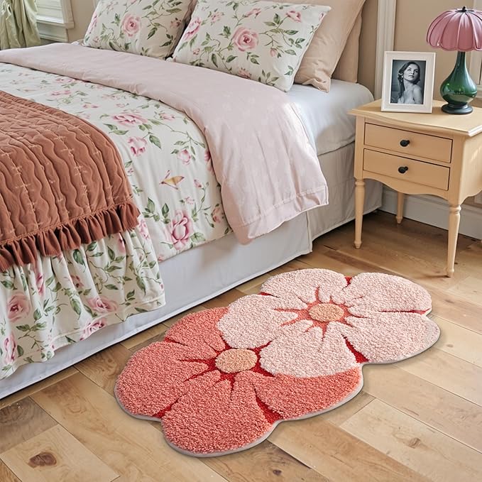 LUMI Flower Bath Rug, Funny Floral Bath Mat, Soft Plush Fluffy Red Rug, Absorbent, Non-Slip for Bathroom, Kitchen Sink, Bedroom, Kid's Bedroom, and Living Room, 24"x36", Bliss Pink