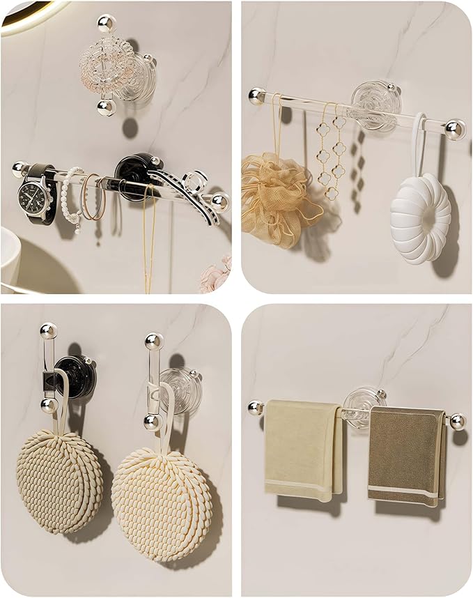 Set of Transparent Suction Cup Washcloth Bar & Suction Cup Hanger Hook Removable Reusable Suction Cup Rack for Shower Bathroom Kitchen (Transparent)