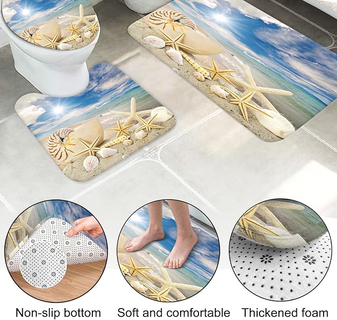 Lnond 4Pcs Summer Beach Shower Curtain Sets with Rugs, Starfish Shells Bathroom Sets with Shower Curtain and Rugs and Accessories