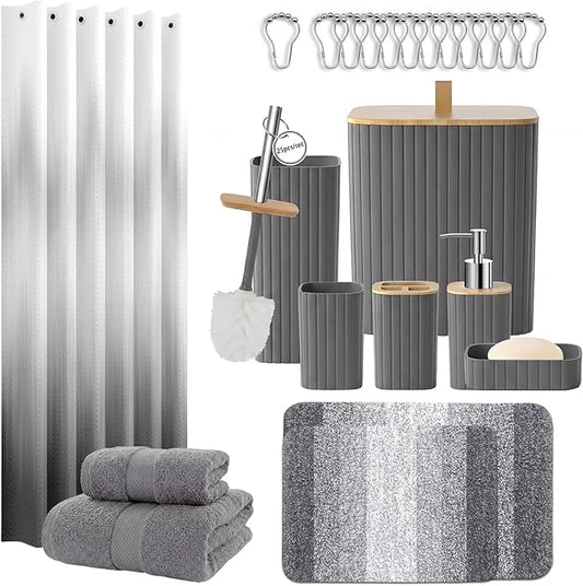 Bathroom Accessories Set - Bathroom Set with Shower Curtain and No Slip Rugs, Trash Can, Toilet Brush Holder Set, Soap Dispenser & Bath Towels - Stylish Bath Decor for Home, Apartment, Grey, 25PCS