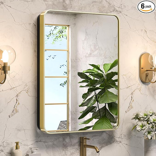 Keonjinn 20 x 26 Inch Gold Recessed Medicine Cabinets, Mirrored Bathroom Medicine Cabinet, Brushed Brass Stainless Steel Framed, Adjustable Shelves, in Wall or Surface Mount, Soft Closing, Modern