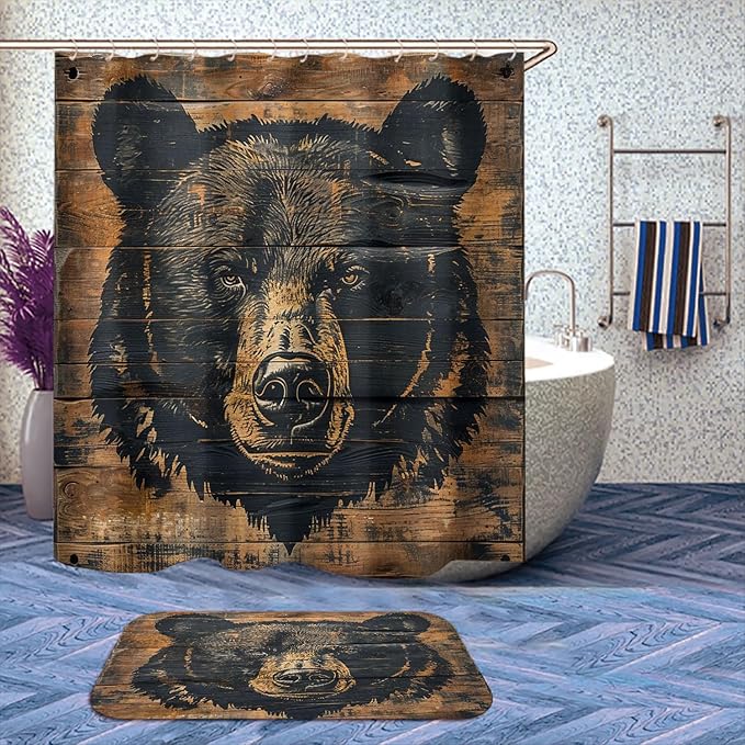 4 Pcs Rustic Lodge Bear Shower Curtain Set with Rug, Toilet Lid Cover and Bath Mat, Bear Farmhouse Cabin Wooden Art Bathroom Shower Curtain with 12 Hooks Accessories Decorative