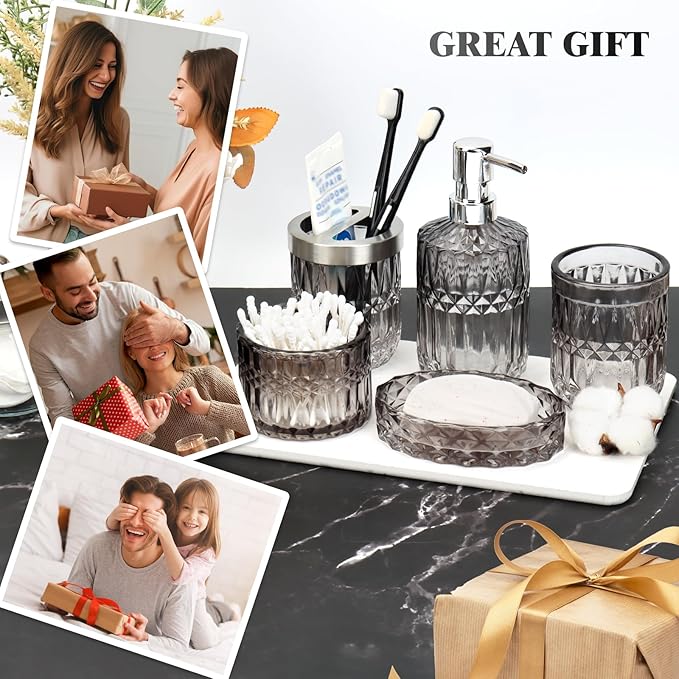 Glass Bathroom Accessories Set - 5Pcs Toothbrush Holder Set with Tumbler, Soap Dish & Cotton Swab Jar - Black and Clear Bathroom Accessories for Organised Space, Vintage Gift