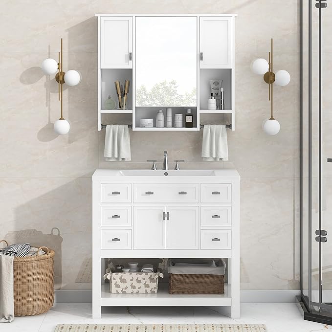 Merax Medicine Cabinet with Mirror, Wall Mount Bathroom Cabinet 35" x 28" Over Toilet Storage Cabinet Organizer with Doors, Open Shelves, and Towel Bars, Mirrored Bathroom Wall Cabinet