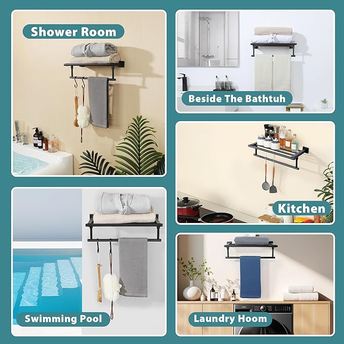 Alise 16 Inch Towel Racks for Bathroom, Towel Rack Wall Mounted with Tower Bars, SUS 304 Stainless Steel Bathroom Shelf, Heavy Duty Hand Towel Holder (Matte Black)