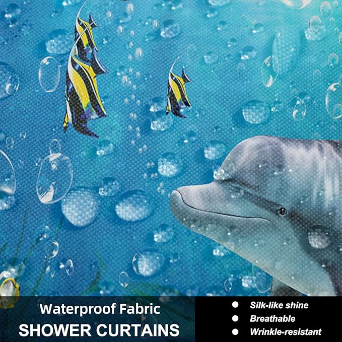 4Pcs Deep Blue Fish Shower Curtain Sets with Rugs, Dolphin Coral Ocean Theme Bathroom Decor Sets Complete, Home and Hotel Bathroom Accessories, juego de baño, 12 PCS Hooks, 71 x 71 in