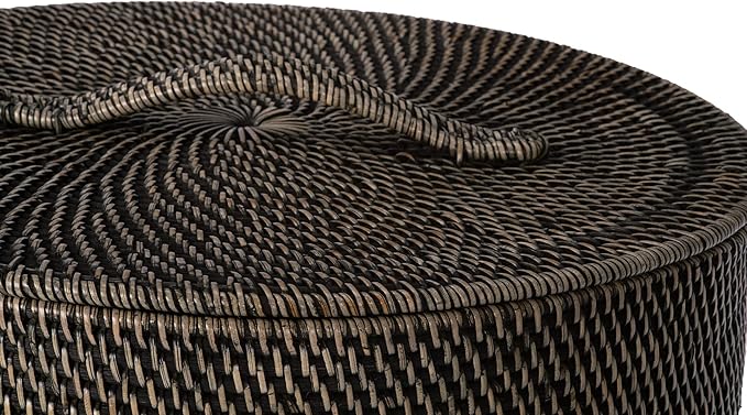 KOUBOO Loma Round Rattan Hamper & Laundry Basket with Lid Removable Liner, Perfect for Home Storage, Bathroom, Bedroom, Kids Room, Nursery, Black-Wash