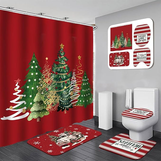 Drydiet 4 Pcs Christmas Shower Curtain Set Bathroom Decoration Non Slip Rugs Mat Toilet Lid Cover Shower Curtain for Xmas Holiday Farmhouse Home Bathroom Decor(Red Christmas)