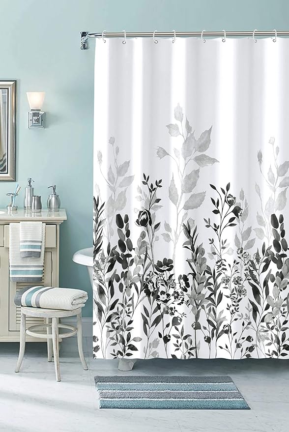 Neasow Black and Grey Shower Curtain, Watercolor Floral Bathroom Curtain Black and White Shower Curtains 72×72 inches