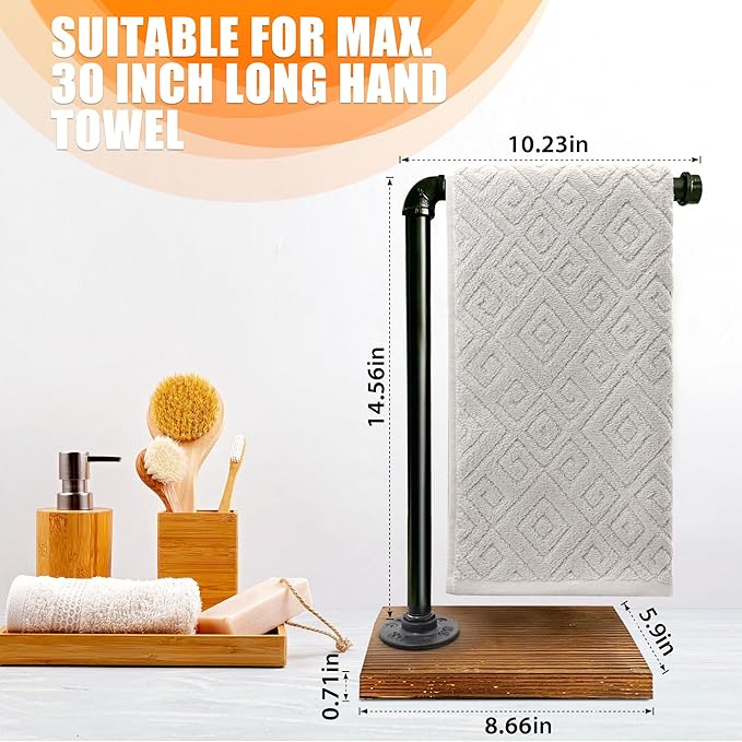 15'' Hand Towel Holder, L Shaped Towel Holder Stand with Weighted Base, Black Hand Towel Stand for Bathroom Kitchen Countertop