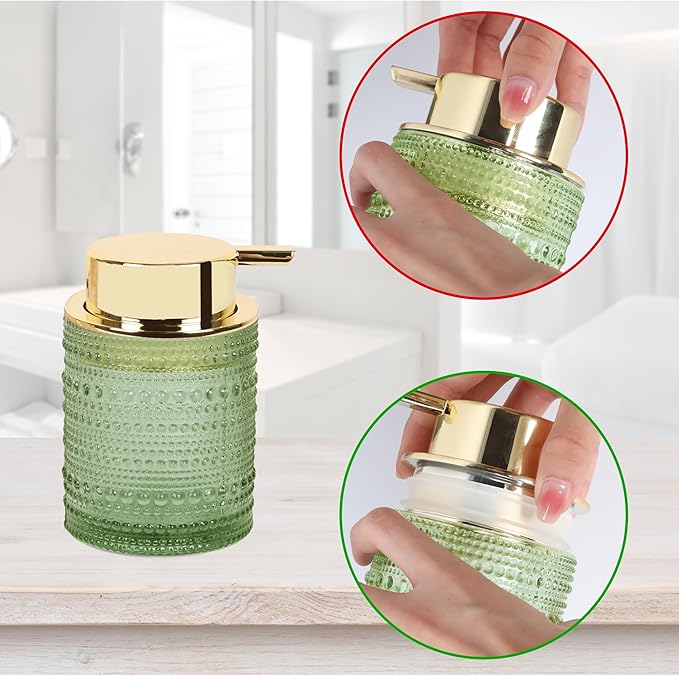 FEILANDUO Bathroom Accessories Set,4Pcs Glass Bathroom Accessories,Vanity Bathroom Decor, Soap Dispenser, Toothbrush Holder Set, Apothecary Jar, Gift for Home Apartment (Green A)