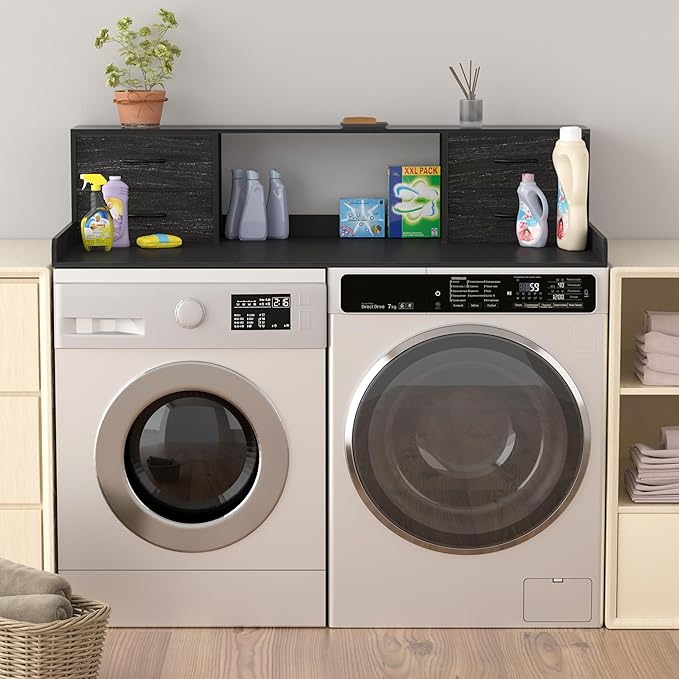 Unionly Washer and Dryer Countertop, 27.5“ D x 53.9“ W x 12.9“ H Solid Wood Washer and Dryer Countertop with Organizer Shelves with Four Drawers for Laundry Room Organization (Black)
