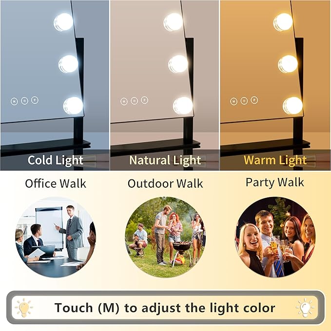 Kotdning Vanity Mirror with Lights,Lighted Vanity Mirror with 9 Dimmable Bulbs for Dressing Room & Bedroom,3 Color Lighting,Modes Detachable 10x Magnification 360°Ratation (Black) 12" L x 14.4" W