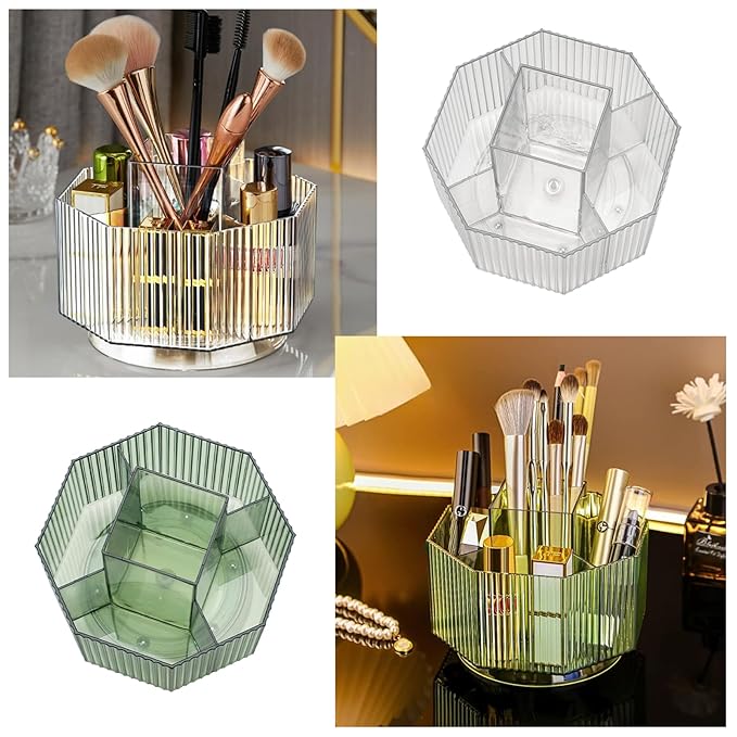 Makeup Brush Holder 360?? Rotating Make Up Brush Organizer 5 Slots Clear Cosmetic Brush Holder Storage Large Capacity Stationary Organizer for Vanity Bathroom Countertop Desktop Green