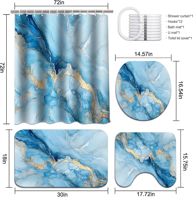 Lnond 4Pcs Marble Bathroom Sets with Shower Curtain and Rugs,Blue Gold Marble Modern Art Bathroom Shower Curtain Sets with Rugs and Accessories