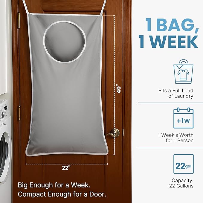 Hanging Laundry Hamper Bag XL 40x22", Space Saving over the Door Storage Bags, Behind the Door Hampers for Dirty Clothes & Wall Mounted Basket for Bathroom