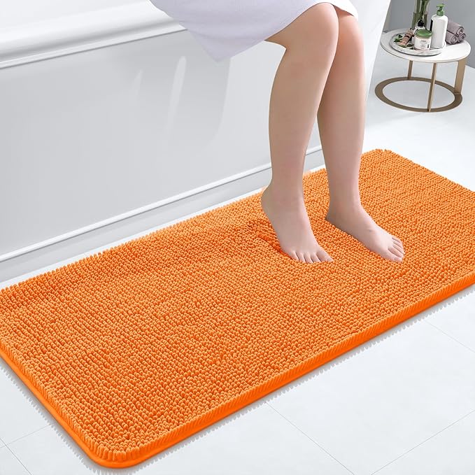 OLANLY Bathroom Rugs 47x20, Extra Soft Absorbent Chenille Bath Rugs, Rubber Backing Quick Dry, Machine Washable Bath Mats for Bathroom Floor, Tub and Shower, Home Decor Accessories, Orange