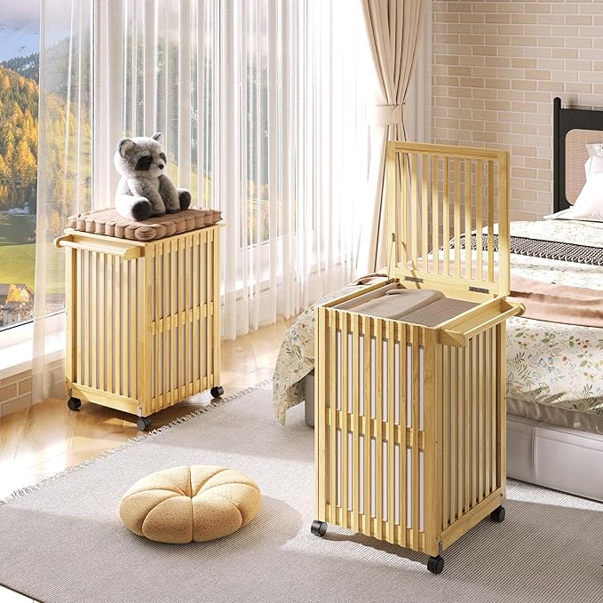HOOBRO Laundry Hamper with Lid and Wheels, 120 L (31Gal) Double Laundry Basket, Bamboo Clothes Hamper with Handles and Removable Liner, for Laundry Room, Bathroom, Bedroom, Natural YL60XY01