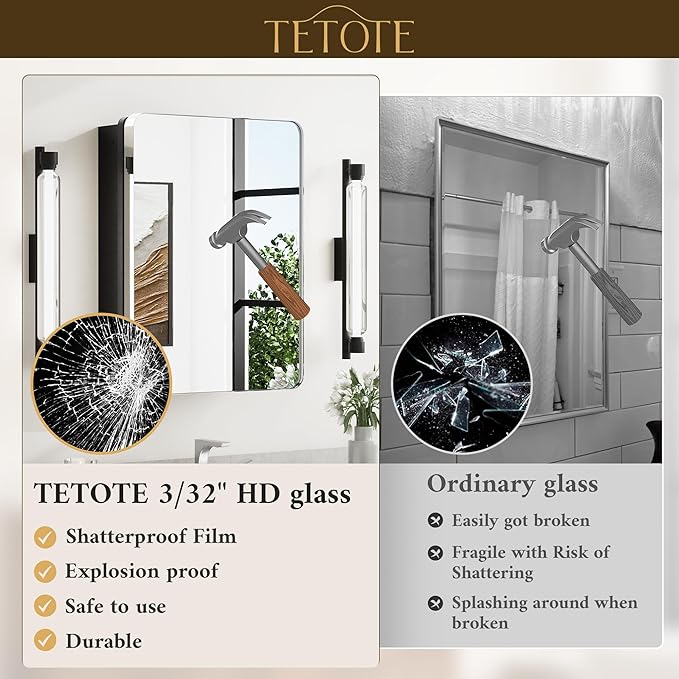 TETOTE 24 X 32 Medicine Cabinet Mirror Polished Chrome Stainless Steel Framed Bathroom Mirror Cabinet with Adjustable Shelves Recessed Mounted/Surface Mounted Medicine Cabinet with Mirror