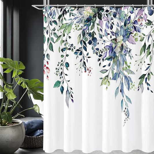 Gibelle Spring Floral Shower Curtain for Bathroom, Watercolor Green Eucalyptus Leaves Plant Shower Curtain Set, Washable Polyester Fabric 72x72 Inch
