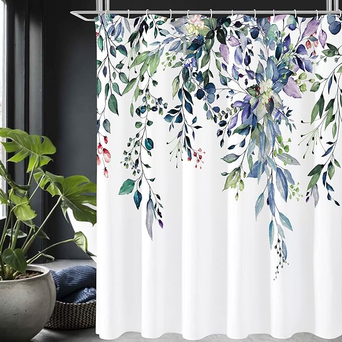 Gibelle Extra Long Shower Curtain 72 x 84, Green Eucalyptus Leaves Shower Curtain, Watercolor Floral Plant Bathroom Curtains Shower Set