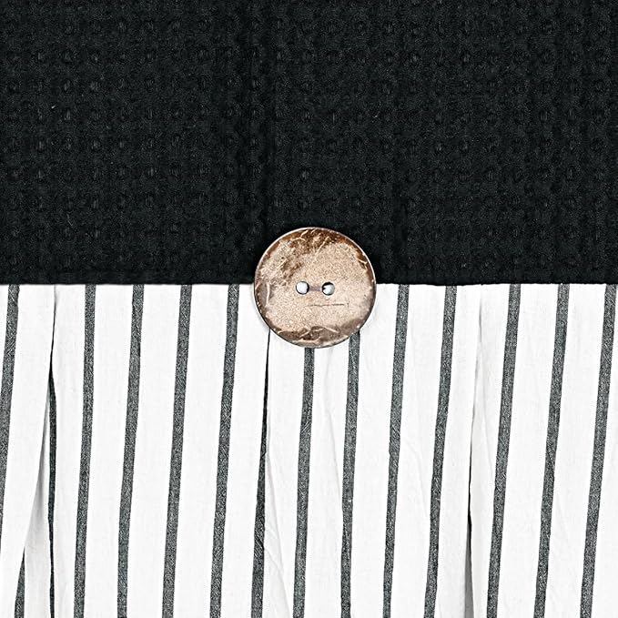 Farmhouse Shower Curtain, Black and Black Striped, Button Curtain, Spa Waffle and Cotton Woven Fabric, Rustic Charm Country Chic Style, 72x72 in
