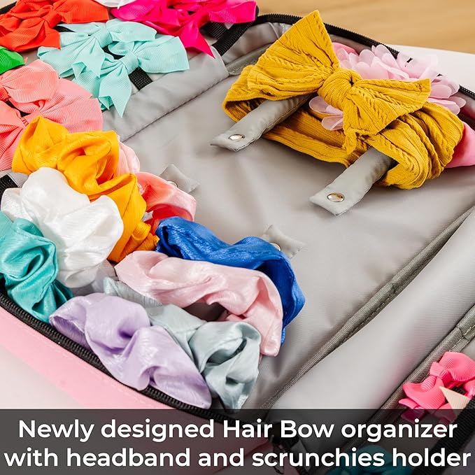 2 in 1 Newly Designed Headband & Hair Bow Organizer for Girls Display Bag - Large Capacity Girls Hair Accessories Organizer, Holds Hair Clips, and Hair tie with a Rotating Hook, Travel-Friendly.
