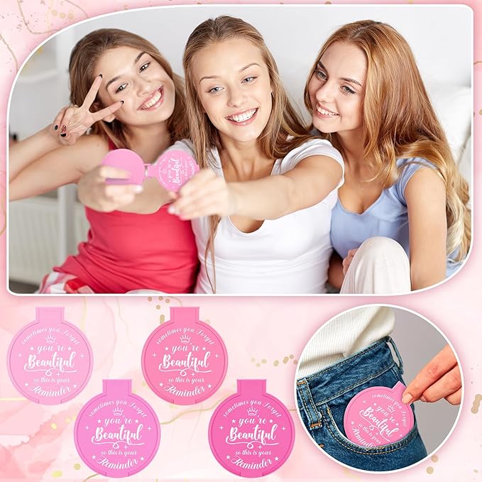 100 Pcs 2.76 Inch Inspirational Compact Mirror Bulk Women Small Gifts Graduation Party Favors Purse Mirror Pocket Mini Stuffer Items for Adult Coworker Cheerleader Employee (Pink Series)