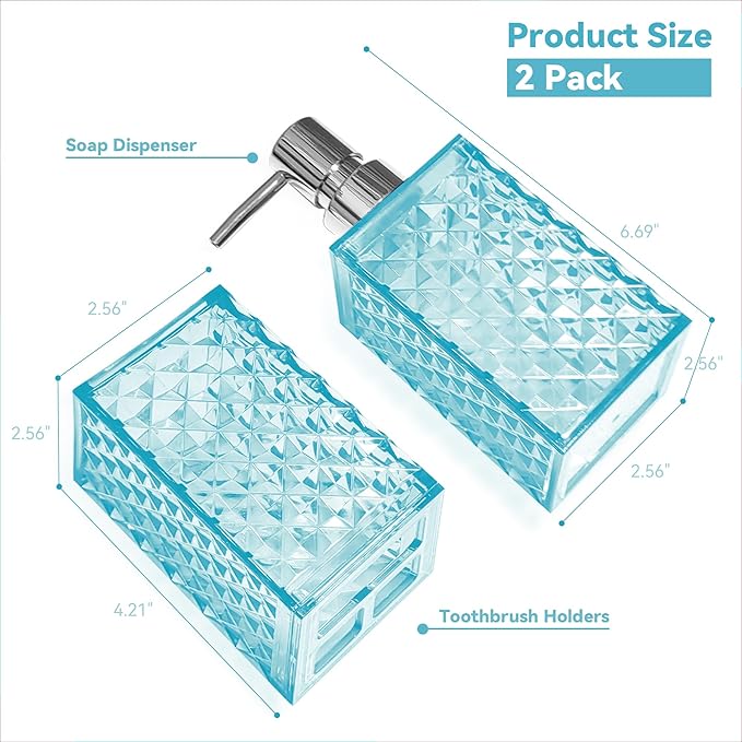 2PCS Cyan Bathroom Accessories. Contain Soap Dispenser and Toothbrush Holder Set. Boho Bathroom Set for Blue Bathroom Décor