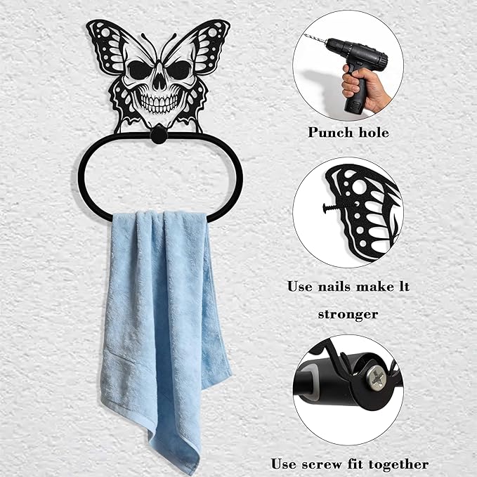 Black Metal Gothic Skull Butterfly Towel Ring, Goth Witchy Skeleton Wall Hand Towels Holder, Gothic Bathroom & Kitchen Accessories, Wall Hanging Towel Rack Home Decor Gift Indoor Outdoor